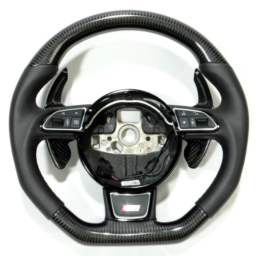 OEM remanufactured Audi A4 S4 A5 S5 Q5 SQ5 Q7 RS5 RS6 steering wheel with carbon fiber, perforated black leather, flat bottom, and carbon paddle shifts from Custom Class.