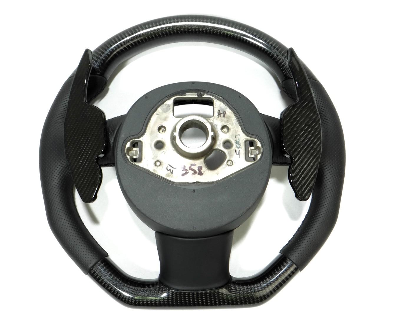 OEM remanufactured Audi A4 S4 A5 S5 Q5 SQ5 Q7 RS5 RS6 steering wheel with carbon fiber, perforated black leather, flat bottom, and carbon paddle shifts from Custom Class.