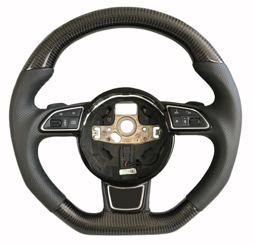 OEM remanufactured Audi A6 A7 A8 steering wheel with carbon fiber, perforated black leather, flat bottom, and stock paddle shifts from Custom Class.