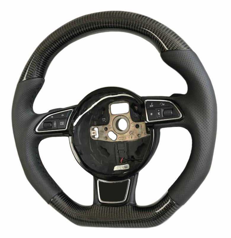 OEM remanufactured Audi A6 A7 A8 steering wheel with carbon fiber, perforated black leather, flat bottom, and stock paddle shifts from Custom Class.