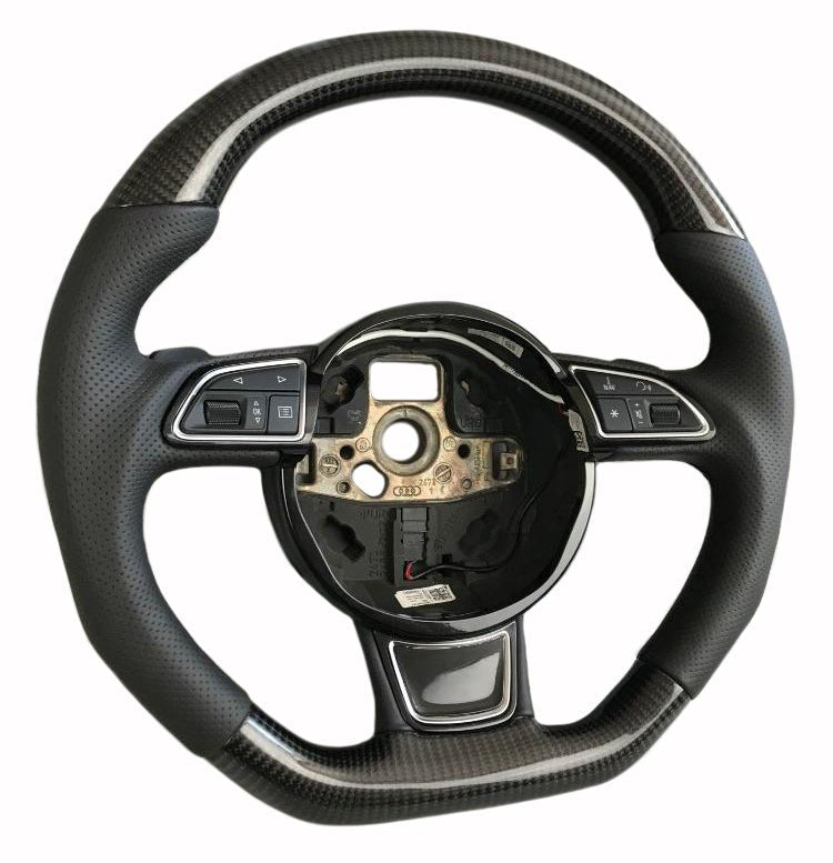 OEM remanufactured Audi A6 A7 A8 steering wheel with carbon fiber, perforated black leather, flat bottom, and stock paddle shifts from Custom Class.