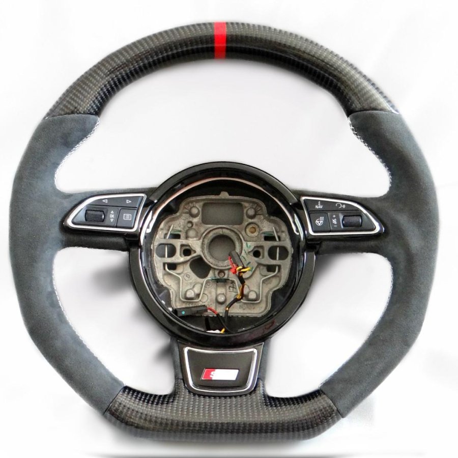 OEM remanufactured Audi A6 S6 A7 S7 A8 S8 steering wheel with carbon fiber, alcantara, flat bottom, and red 12 o'clock stripe from Custom Class.