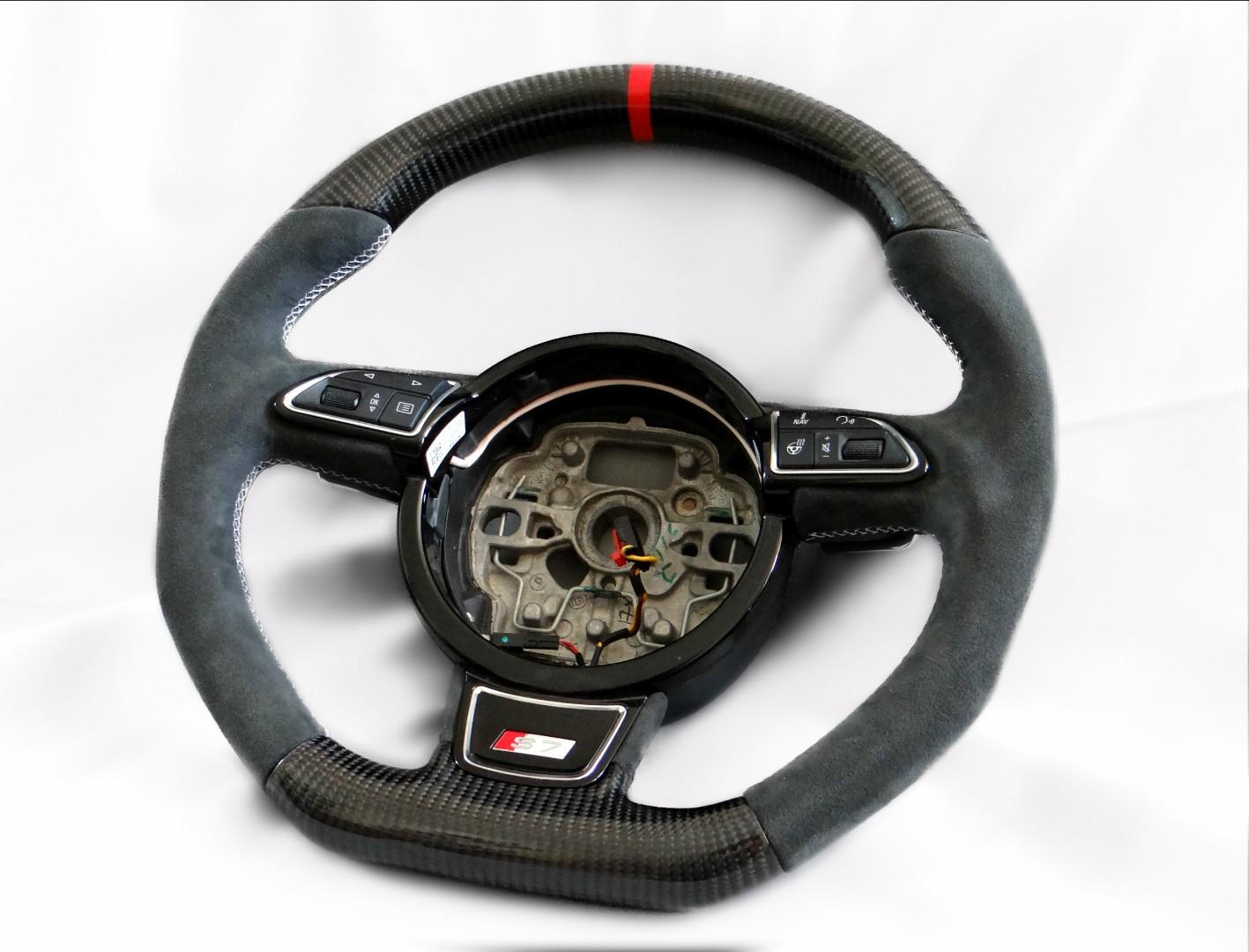 OEM remanufactured Audi A6 S6 A7 S7 A8 S8 steering wheel with carbon fiber, alcantara, flat bottom, and red 12 o'clock stripe from Custom Class.