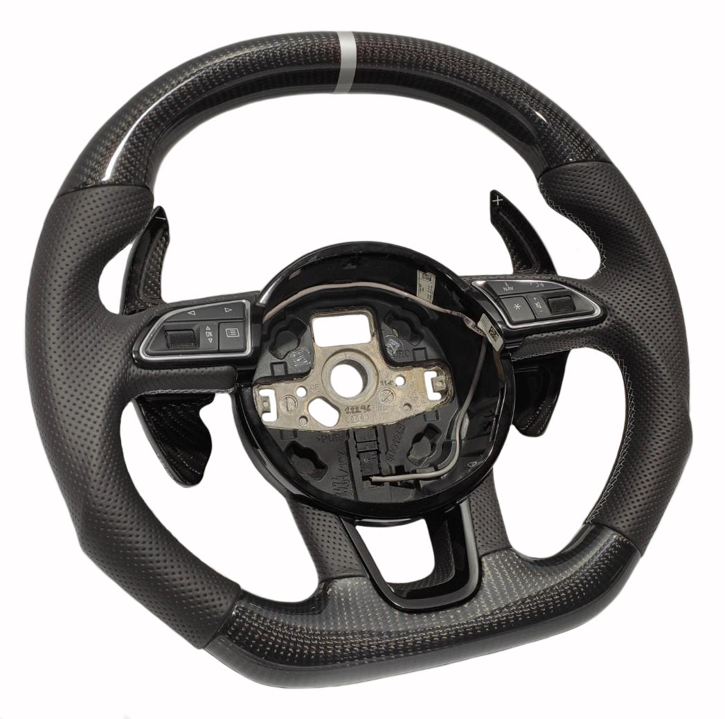 OEM remanufactured Audi Q5 SQ5 Q7 A1 A3 SQ7 steering wheel with carbon fiber, perforated black leather, flat top and bottom, white 12 o'clock stripe, and carbon paddle shifts from Custom Class.