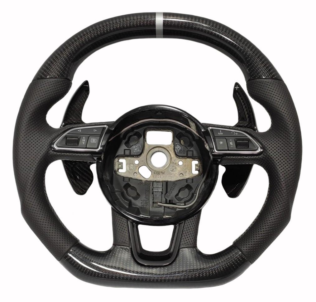 OEM remanufactured Audi Q5 SQ5 Q7 A1 A3 SQ7 steering wheel with carbon fiber, perforated black leather, flat top and bottom, white 12 o'clock stripe, and carbon paddle shifts from Custom Class.