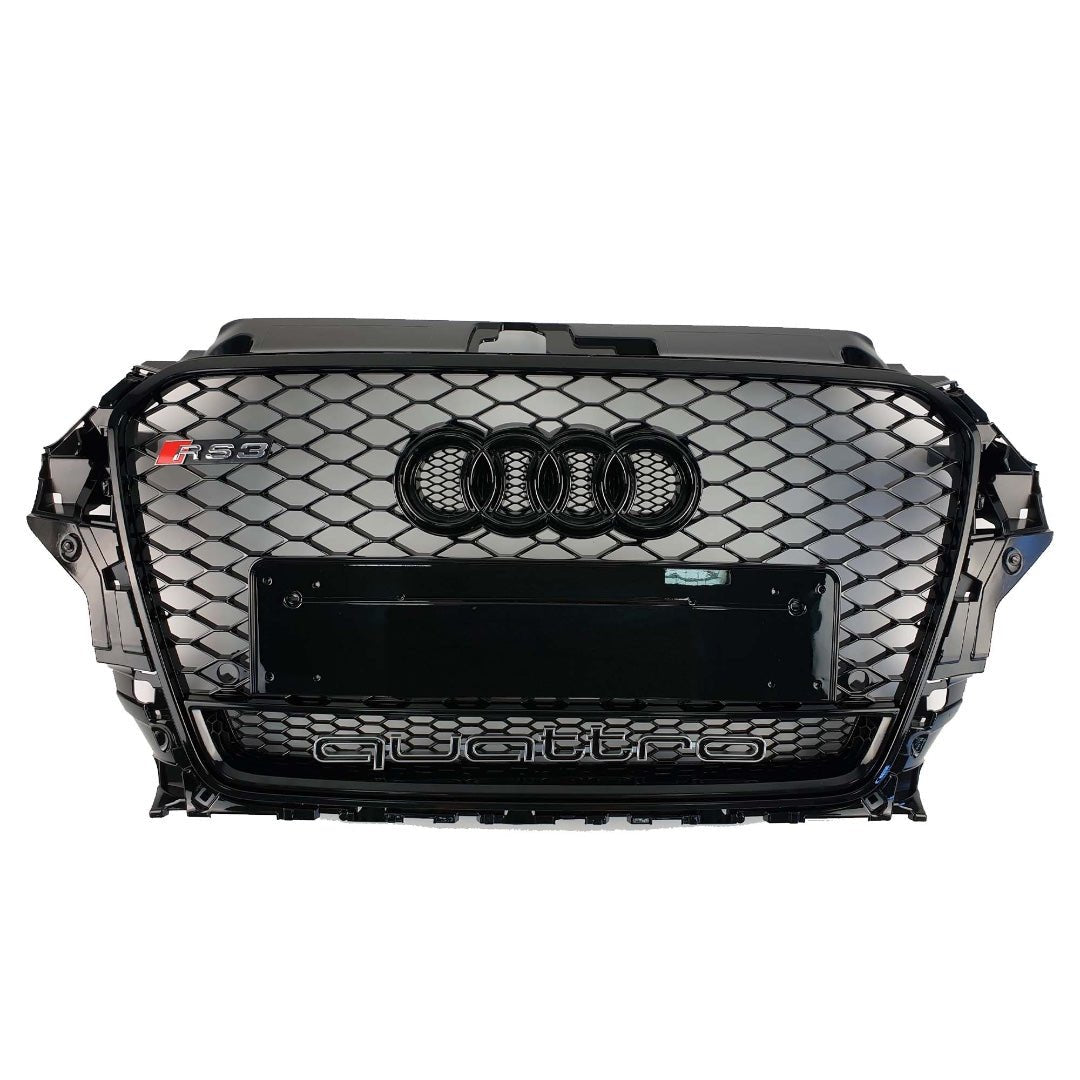 RS3 Black Quattro front bumper radiator grille for Audi A3 2012-2015 from Custom Class, featuring a black finish.