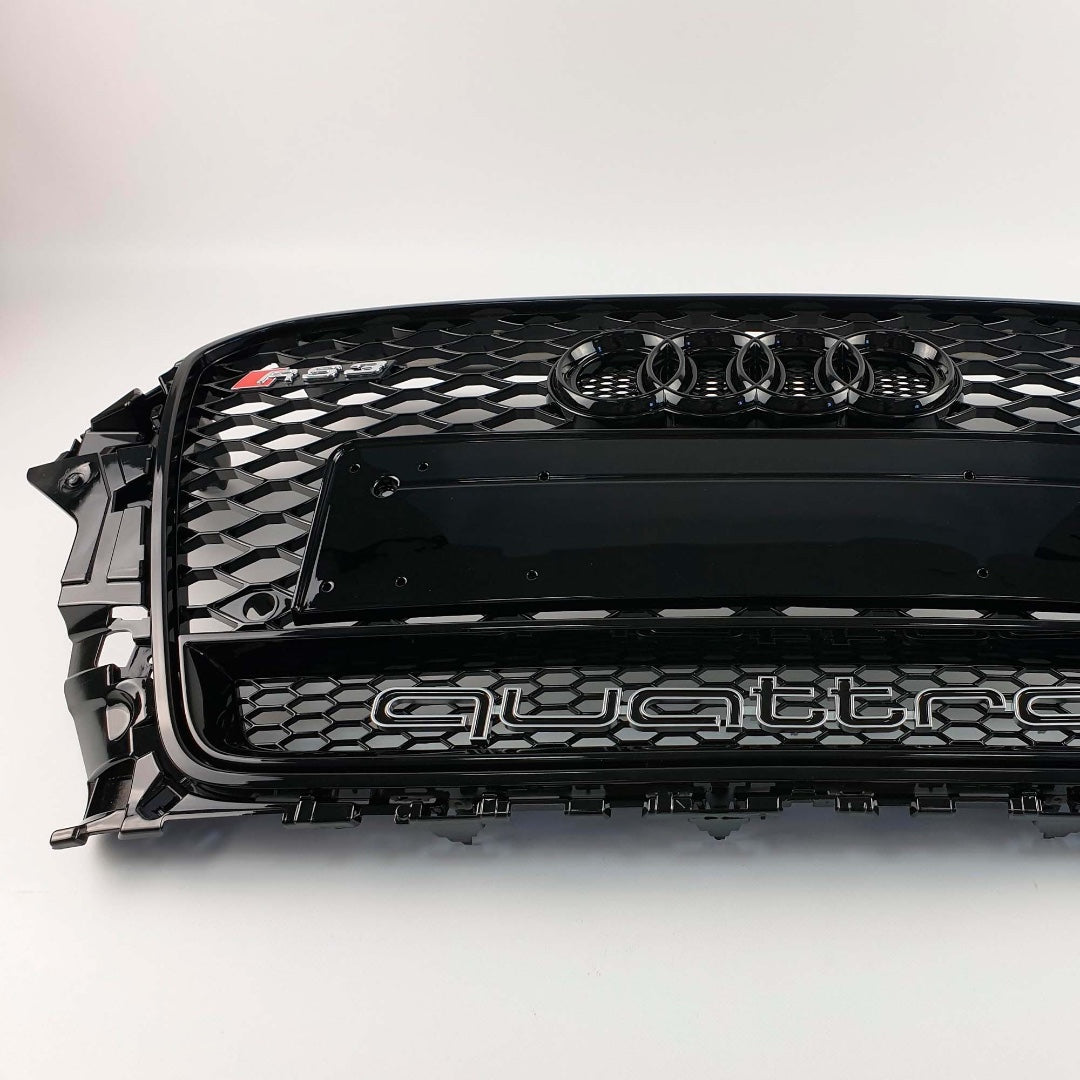 RS3 Black Quattro front bumper radiator grille for Audi A3 2012-2015 from Custom Class, featuring a black finish.