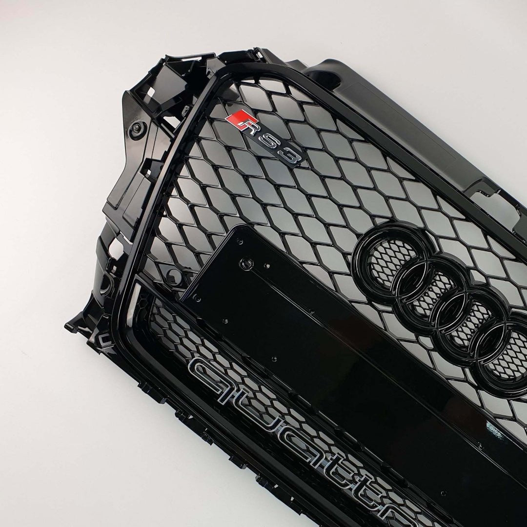 RS3 Black Quattro front bumper radiator grille for Audi A3 2012-2015 from Custom Class, featuring a black finish.