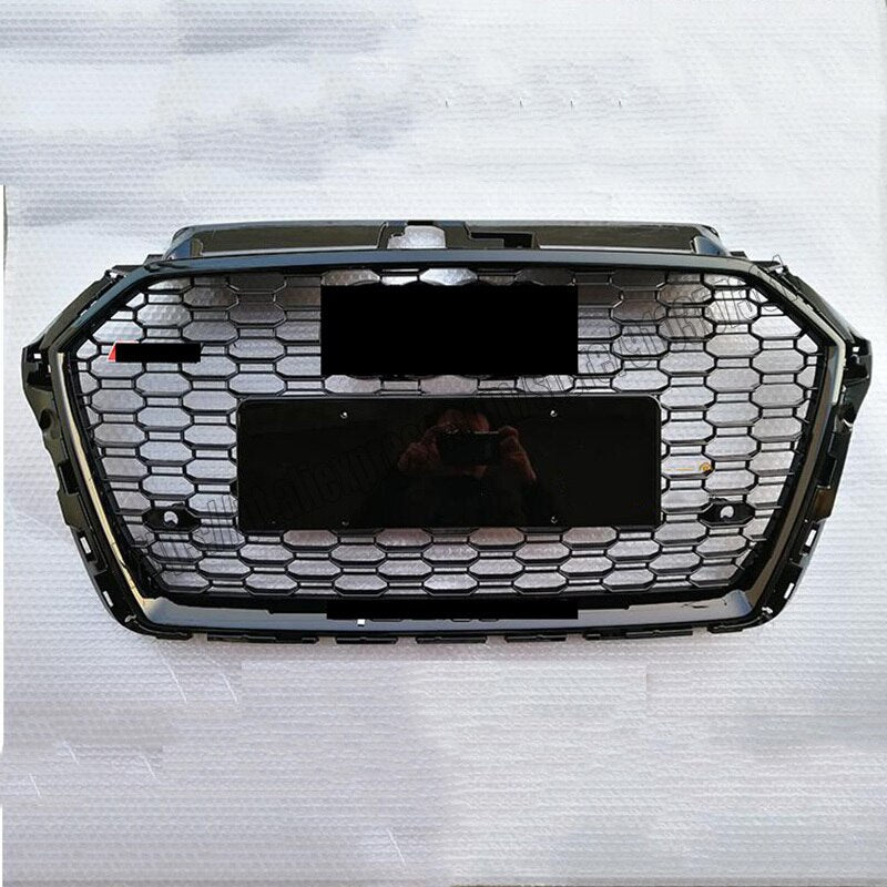 RS3 Black Quattro front radiator grille for Audi A3 S3 8V 2016-2020 from Custom Class, featuring a black finish.