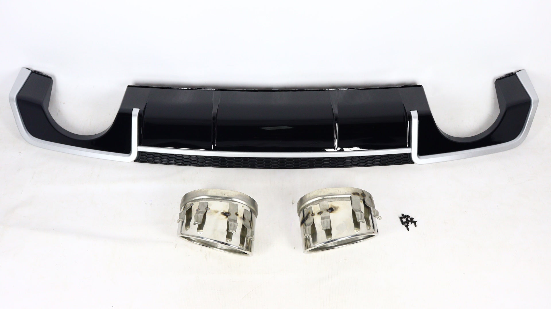 RS3 rear diffuser with exhaust tips for Audi A3 sedan 2012-2015 from Custom Class, featuring a black finish.