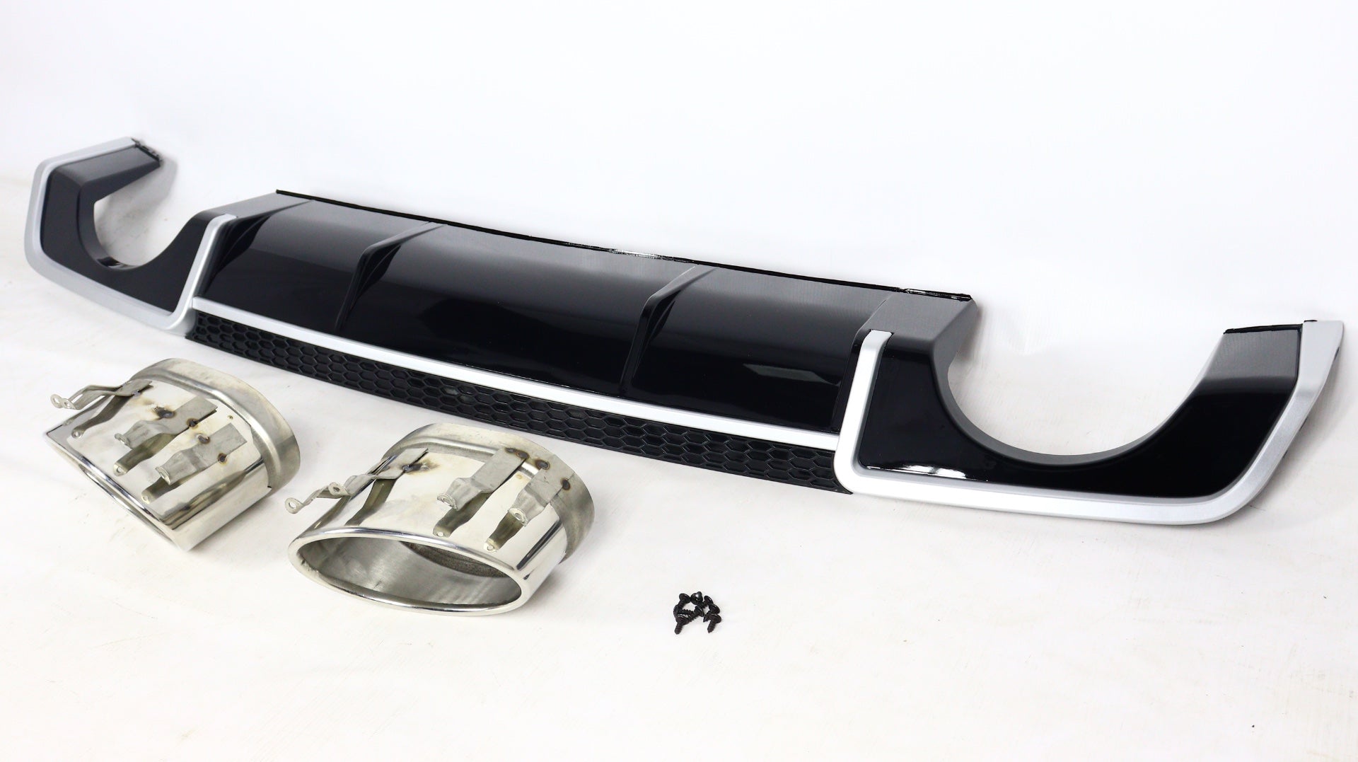 RS3 rear diffuser with exhaust tips for Audi A3 sedan 2012-2015 from Custom Class, featuring a black finish.