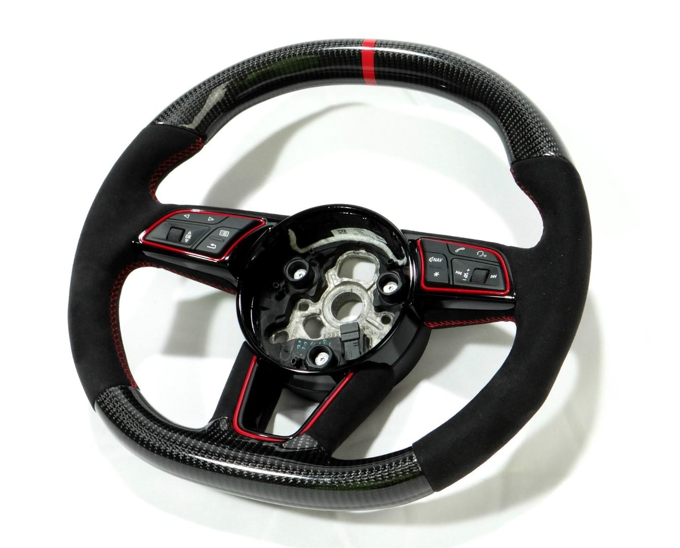 OEM remanufactured Audi RS4 RS5 RS3 S3 S4 S5 A5 A4 steering wheel with carbon fiber, alcantara, flat top and bottom, and red 12 o'clock stripe from Custom Class.