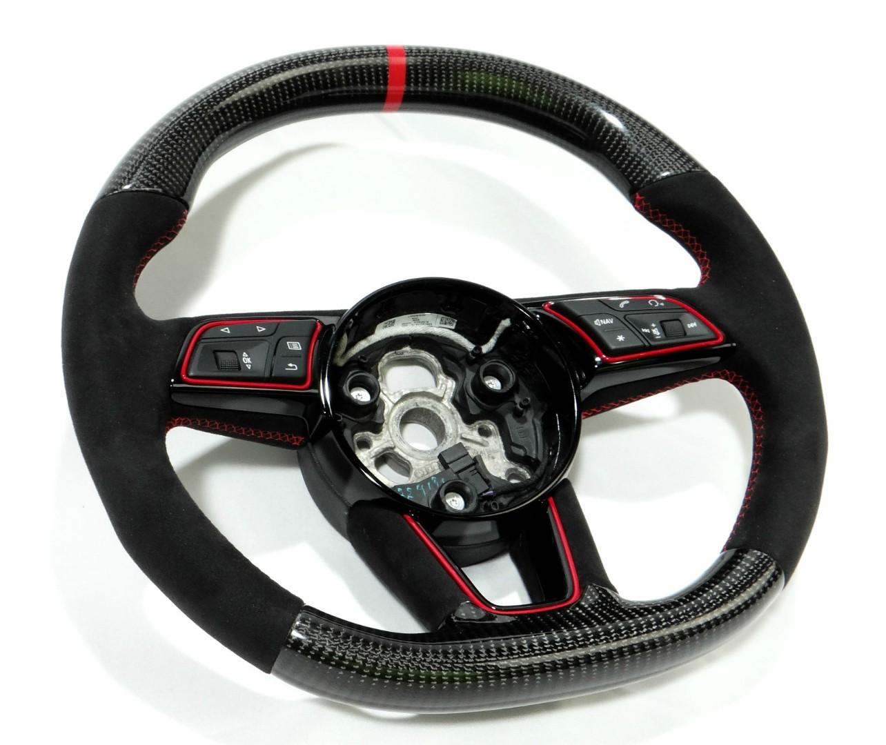 OEM remanufactured Audi RS4 RS5 RS3 S3 S4 S5 A5 A4 steering wheel with carbon fiber, alcantara, flat top and bottom, and red 12 o'clock stripe from Custom Class.