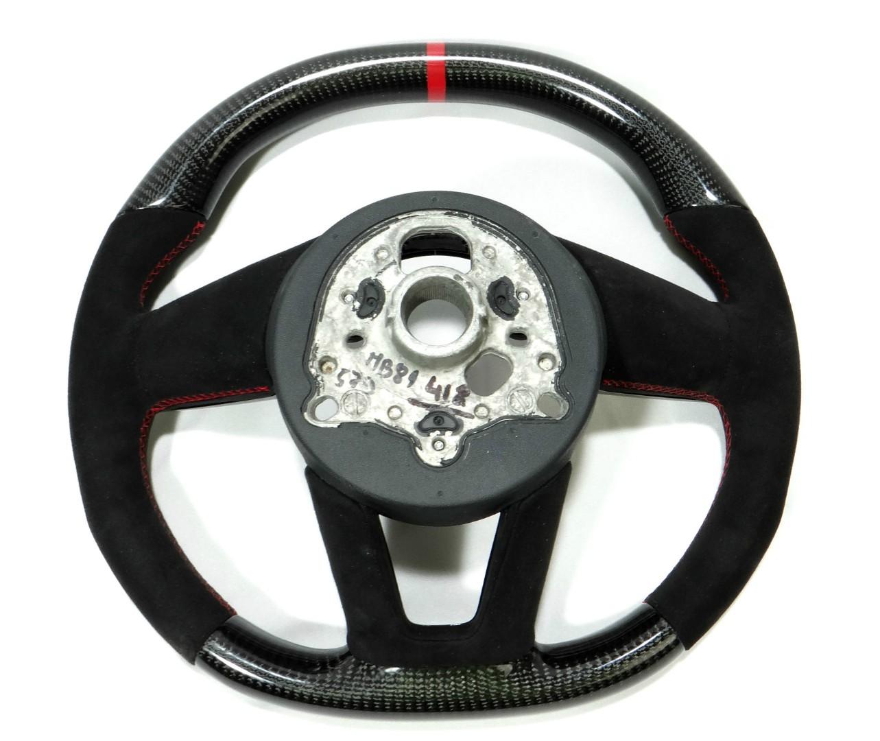 OEM remanufactured Audi RS4 RS5 RS3 S3 S4 S5 A5 A4 steering wheel with carbon fiber, alcantara, flat top and bottom, and red 12 o'clock stripe from Custom Class.