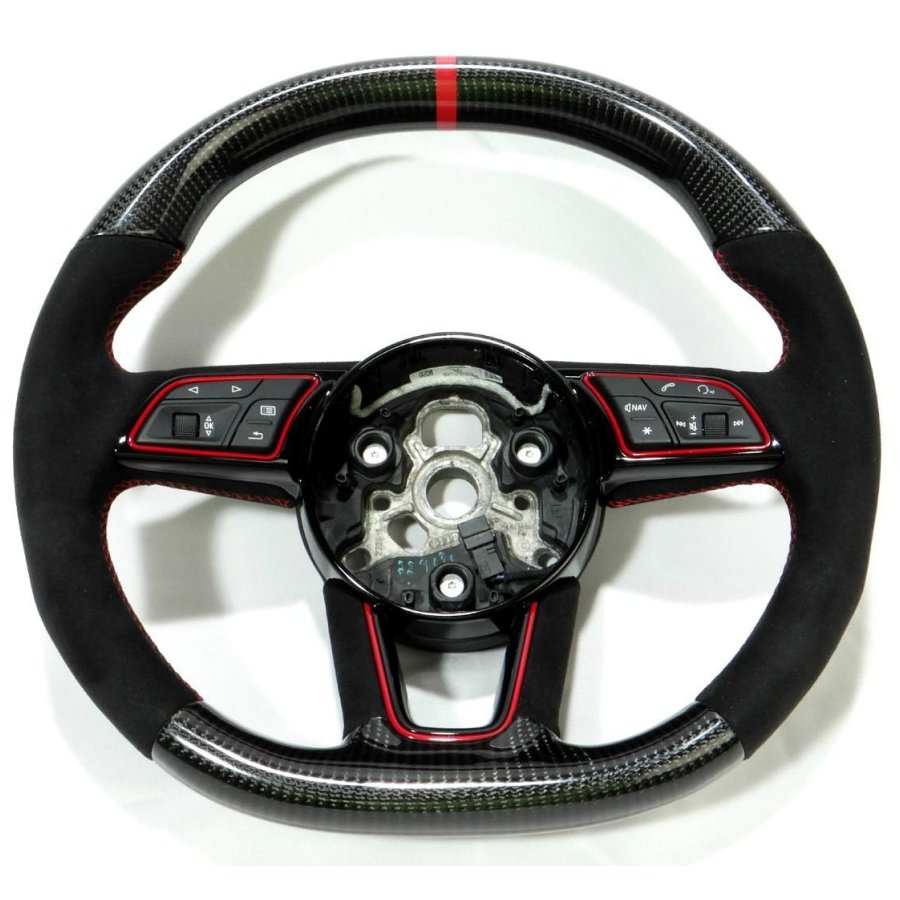 OEM remanufactured Audi RS4 RS5 RS3 S3 S4 S5 A5 A4 steering wheel with carbon fiber, alcantara, flat top and bottom, and red 12 o'clock stripe from Custom Class.