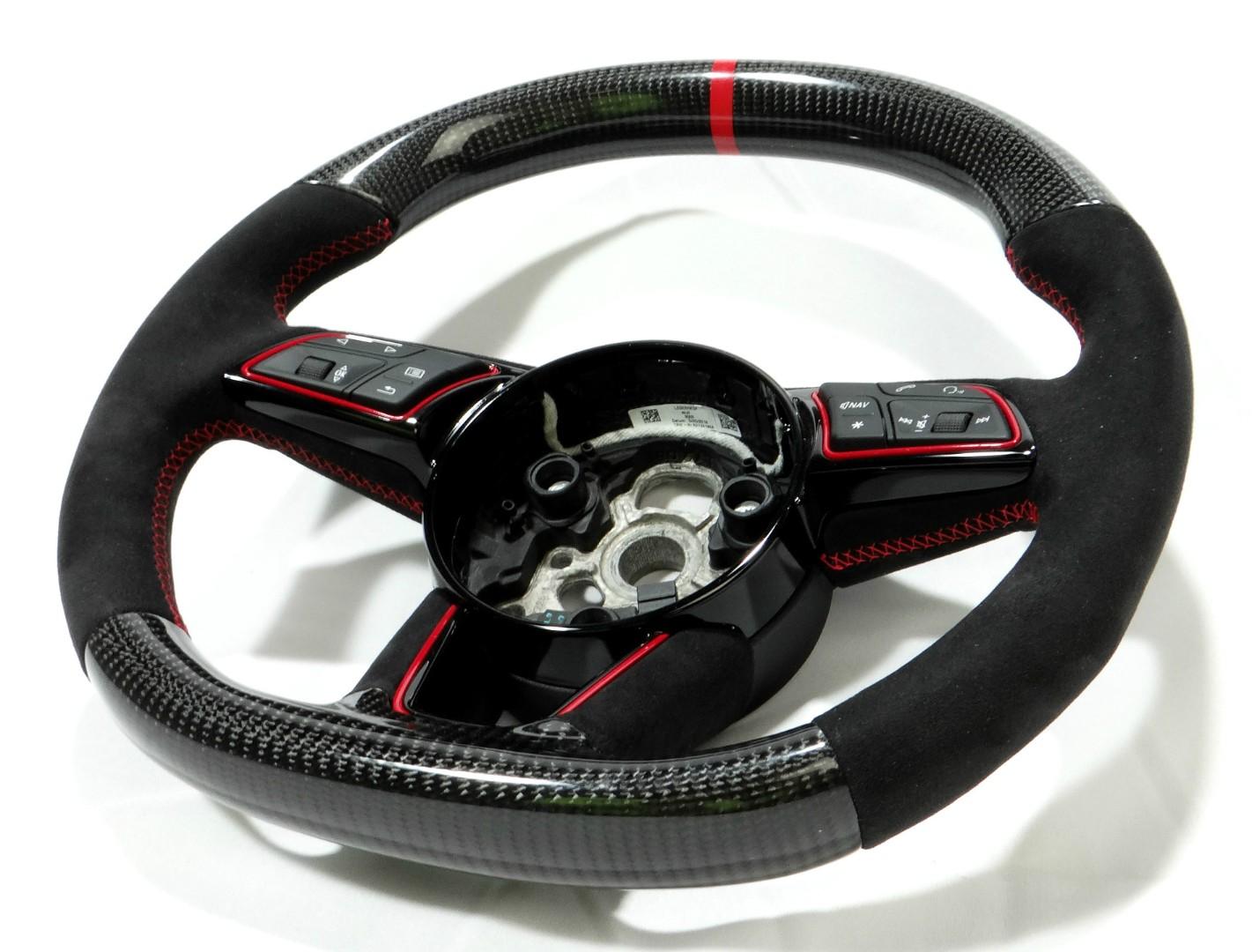 OEM remanufactured Audi RS4 RS5 RS3 S3 S4 S5 A5 A4 steering wheel with carbon fiber, alcantara, flat top and bottom, and red 12 o'clock stripe from Custom Class.