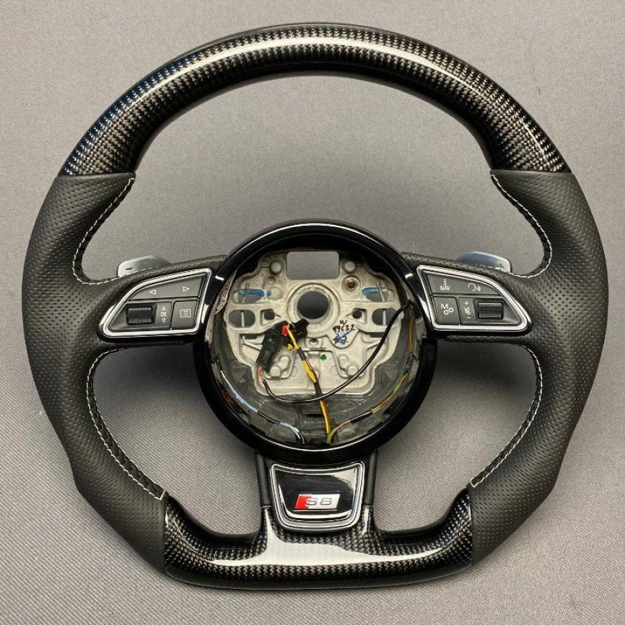 OEM remanufactured Audi S8 steering wheel with carbon fiber, perforated black leather, flat bottom, and piano black center from Custom Class.