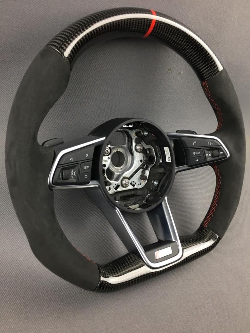 OEM remanufactured Audi TT RS R8 2015+ S Line steering wheel with carbon fiber, alcantara, flat bottom, and red 12 o'clock stripe from Custom Class.