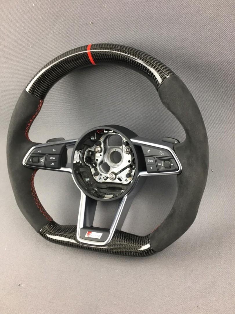 OEM remanufactured Audi TT RS R8 2015+ S Line steering wheel with carbon fiber, alcantara, flat bottom, and red 12 o'clock stripe from Custom Class.