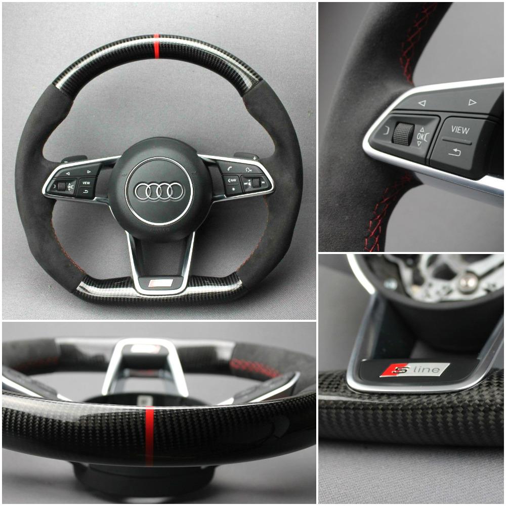 OEM remanufactured Audi TT RS R8 2015+ S Line steering wheel with carbon fiber, alcantara, flat bottom, and red 12 o'clock stripe from Custom Class.