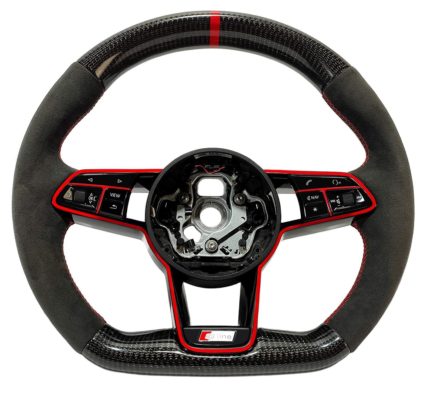 OEM remanufactured Audi TT RS R8 steering wheel with carbon fiber, alcantara, flat bottom, red 12 o'clock stripe, and piano black center from Custom Class.