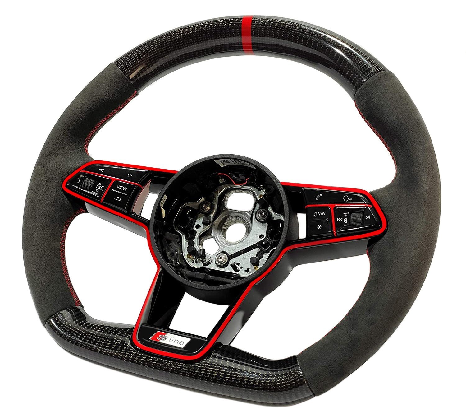 OEM remanufactured Audi TT RS R8 steering wheel with carbon fiber, alcantara, flat bottom, red 12 o'clock stripe, and piano black center from Custom Class.