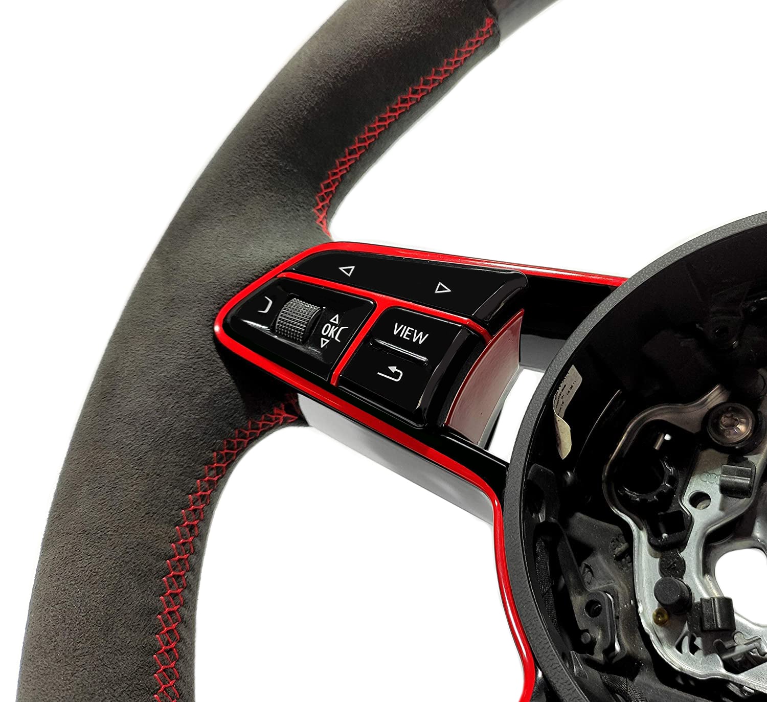 OEM remanufactured Audi TT RS R8 steering wheel with carbon fiber, alcantara, flat bottom, red 12 o'clock stripe, and piano black center from Custom Class.