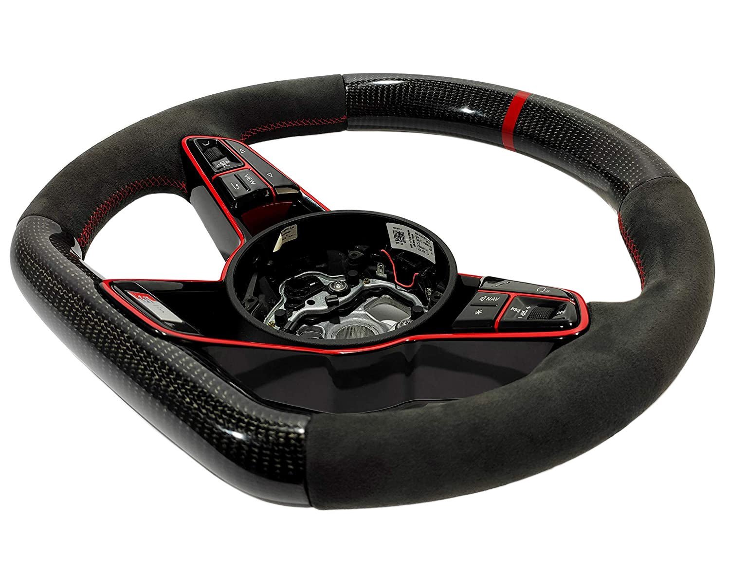 OEM remanufactured Audi TT RS R8 steering wheel with carbon fiber, alcantara, flat bottom, red 12 o'clock stripe, and piano black center from Custom Class.