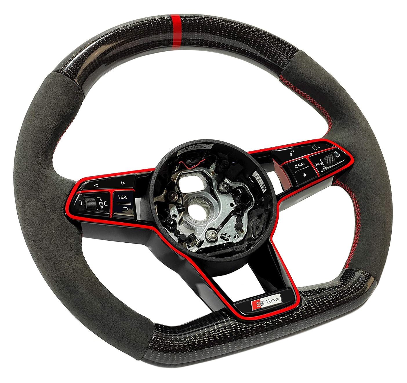 OEM remanufactured Audi TT RS R8 steering wheel with carbon fiber, alcantara, flat bottom, red 12 o'clock stripe, and piano black center from Custom Class.