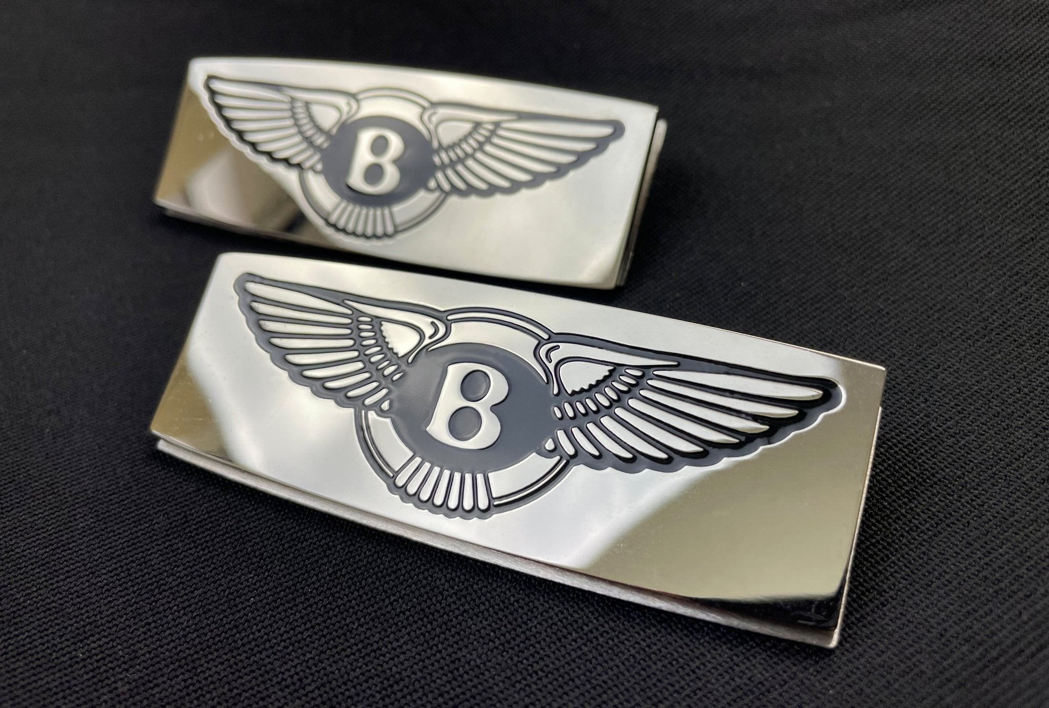 Metal chrome glossy floor mats badges emblems for any Bentley model, 2 pcs set from Custom Class, made of stainless steel with a high-quality detailed finish.