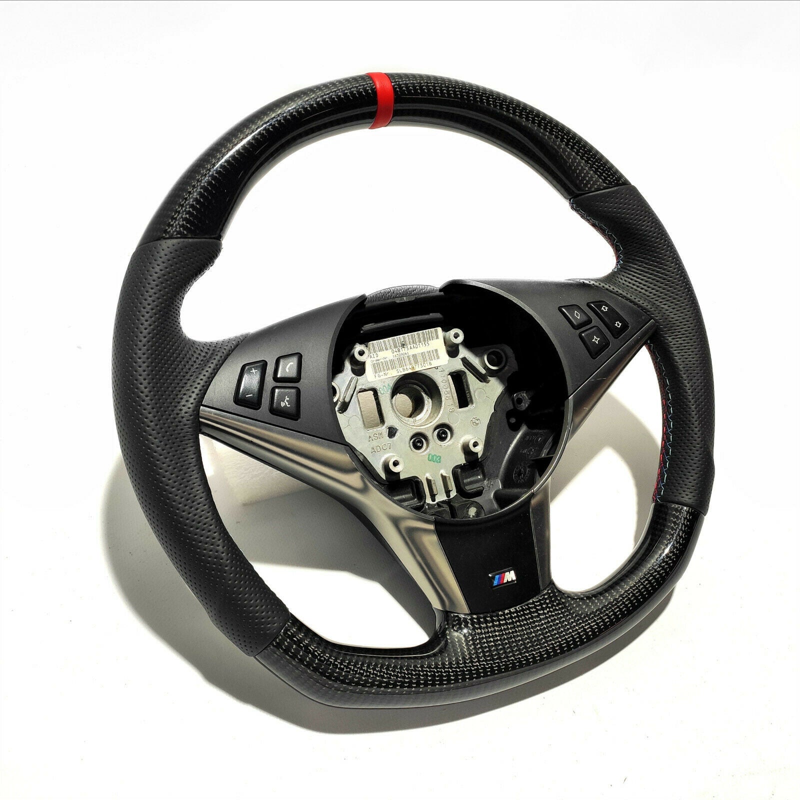 BMW E60 Steering Wheel Carbon Fiber Leather Red Stripe Flat Bottom - Custom Class