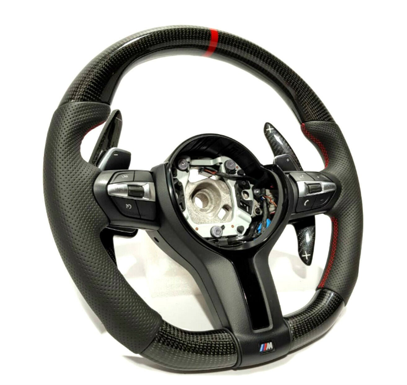 BMW F15 F30 M Style Steering Wheel Carbon Fiber Leather Paddle Shifts Red Strip - Custom Class
