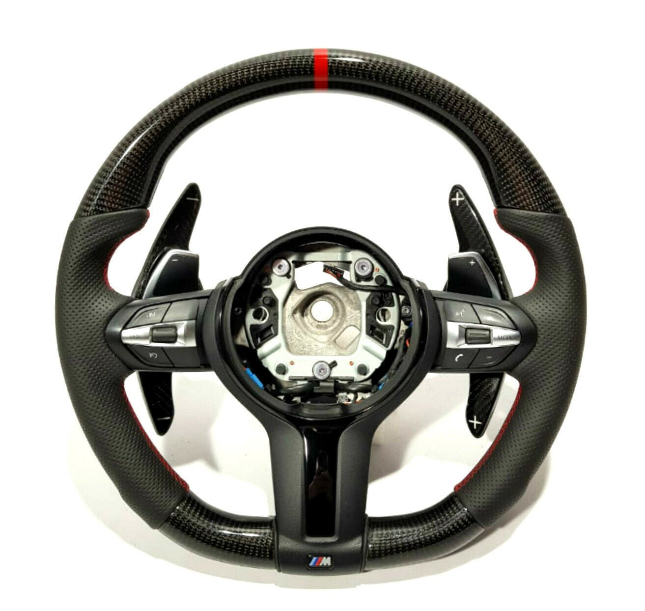 BMW F15 F30 M Style Steering Wheel Carbon Fiber Leather Paddle Shifts Red Strip - Custom Class