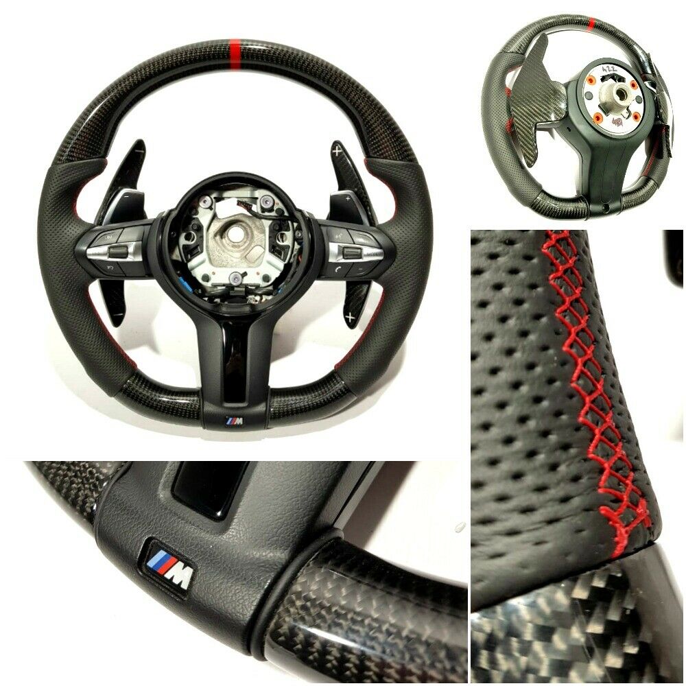 BMW F15 F30 M Style Steering Wheel Carbon Fiber Leather Paddle Shifts Red Strip - Custom Class