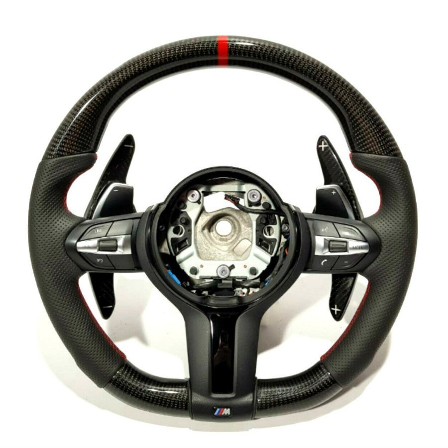 BMW F15 F30 M Style Steering Wheel Carbon Fiber Leather Paddle Shifts Red Strip - Custom Class