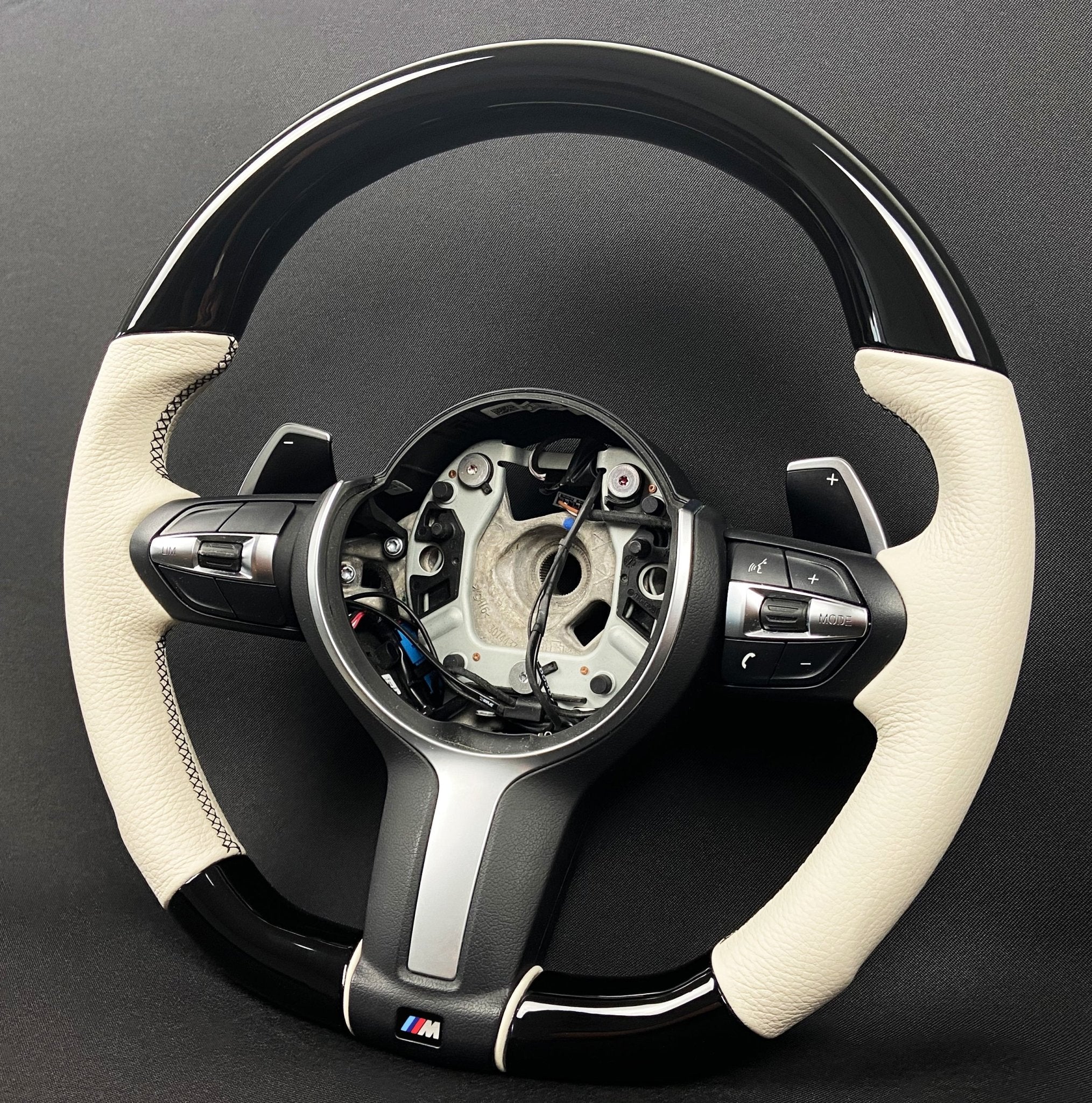 BMW F15 F30 M Style Steering Wheel Carbon Fiber White Leather Paddle Shifts - Custom Class