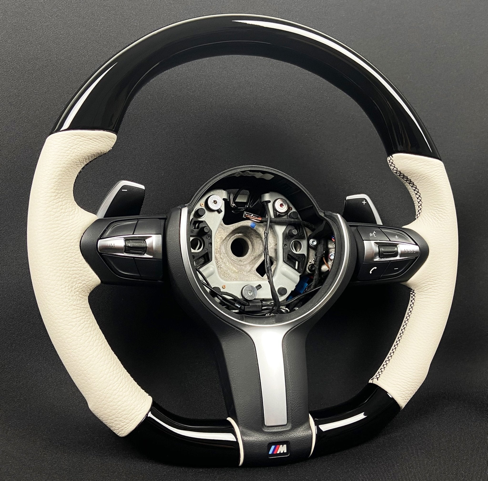 BMW F15 F30 M Style Steering Wheel Carbon Fiber White Leather Paddle Shifts - Custom Class