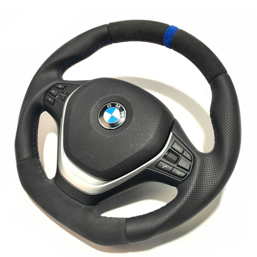BMW F30 Steering Wheel Leather Blue Alcantara Stripe Flat Bottom - Custom Class