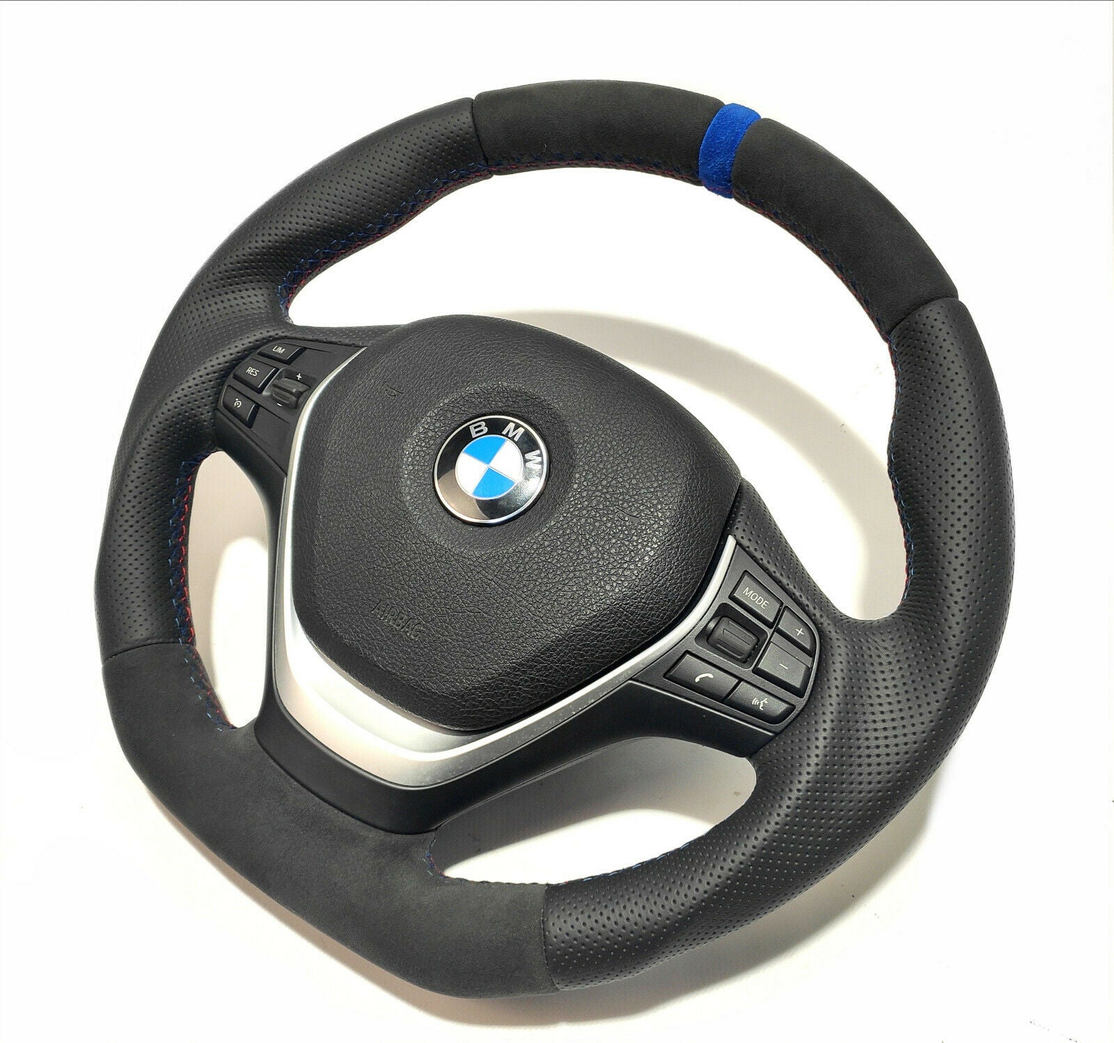 BMW F30 Steering Wheel Leather Blue Alcantara Stripe Flat Bottom - Custom Class