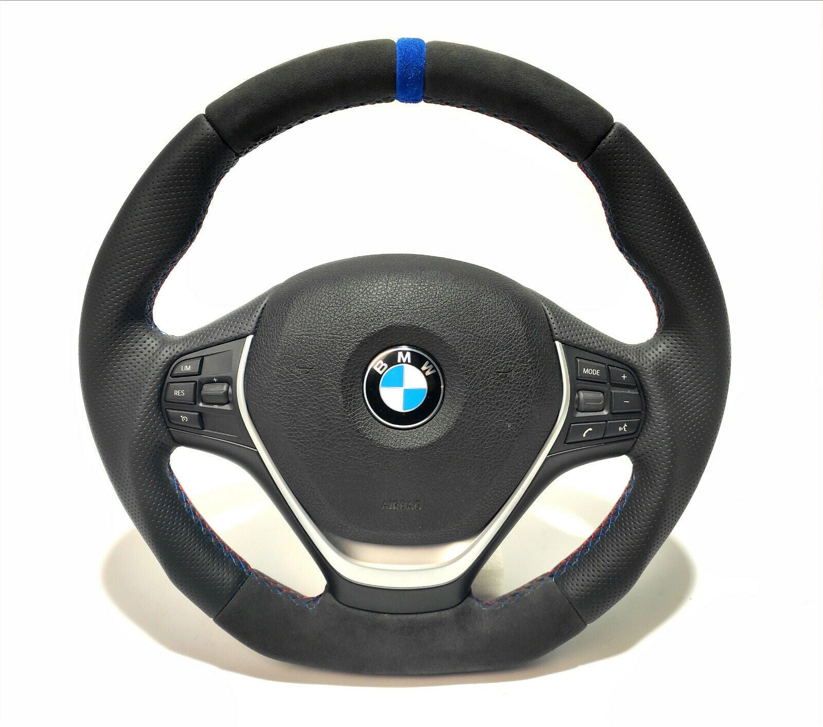 BMW F30 Steering Wheel Leather Blue Alcantara Stripe Flat Bottom - Custom Class