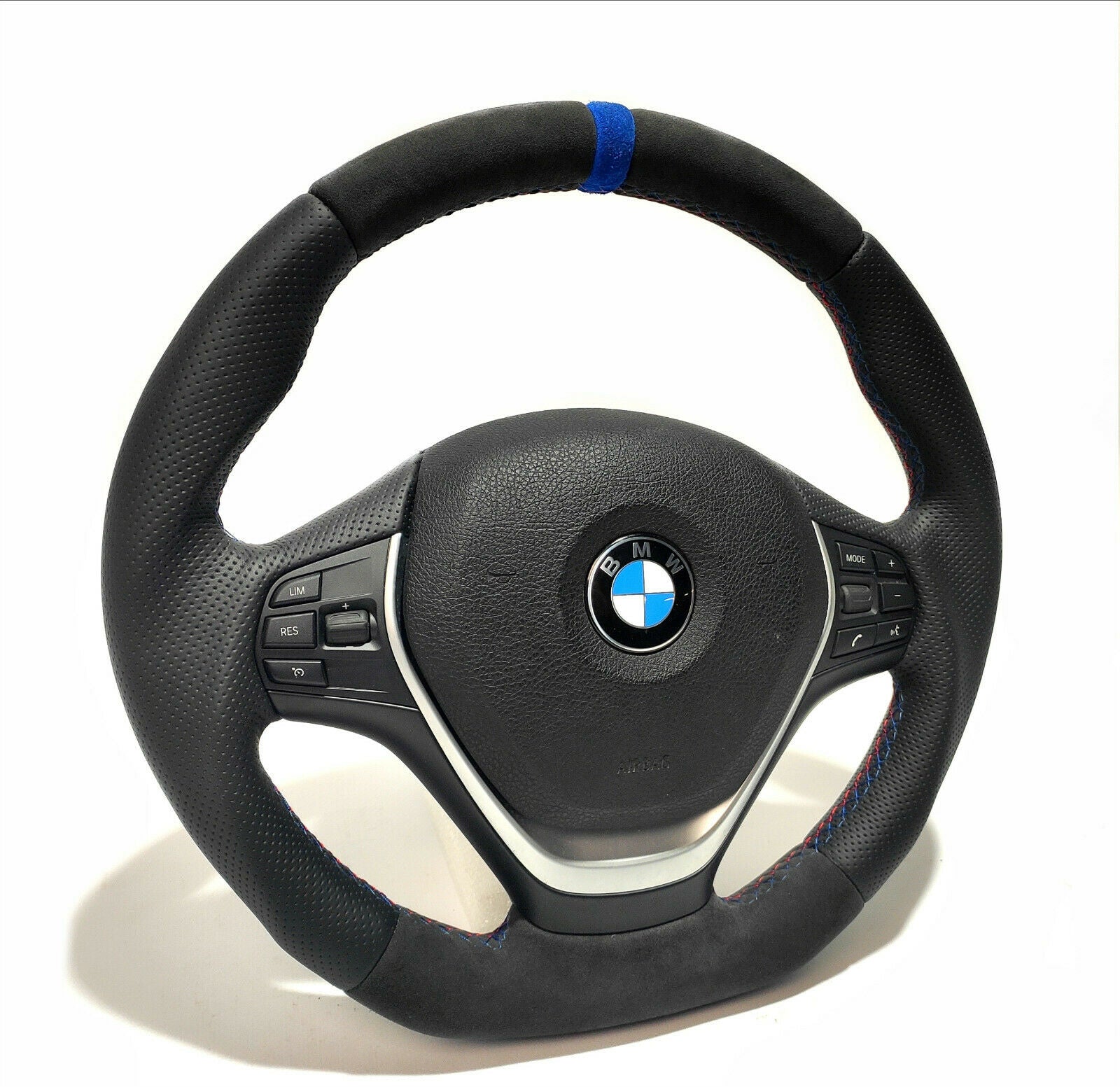BMW F30 Steering Wheel Leather Blue Alcantara Stripe Flat Bottom - Custom Class