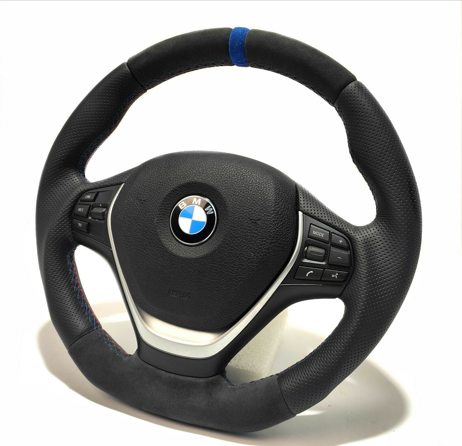 BMW F30 Steering Wheel Leather Blue Alcantara Stripe Flat Bottom - Custom Class