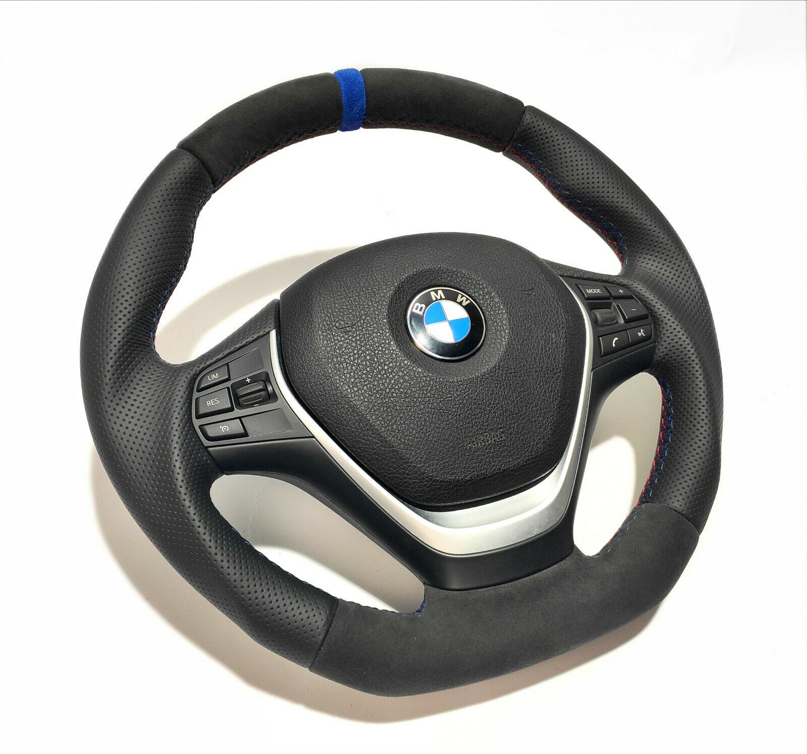 BMW F30 Steering Wheel Leather Blue Alcantara Stripe Flat Bottom - Custom Class