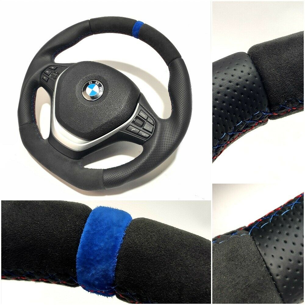 BMW F30 Steering Wheel Leather Blue Alcantara Stripe Flat Bottom - Custom Class