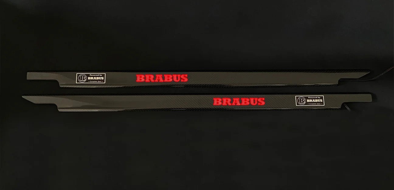 Carbon Brabus Door Sills Red LEDs for Mercedes W463 3-Door G-Class, premium carbon fiber with bright LED illumination