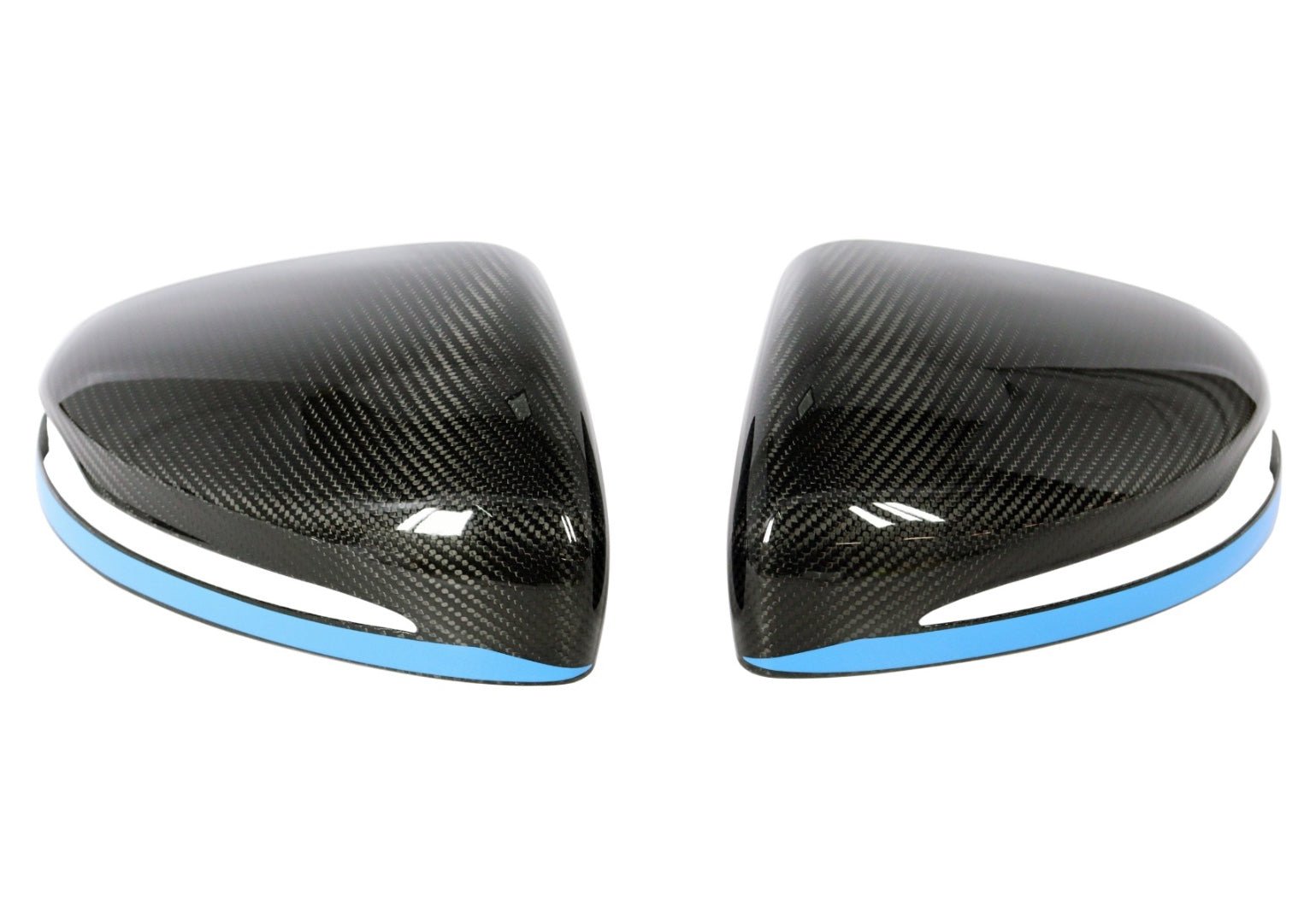 Carbon Mirror Covers with Blue Stripe for Mercedes-Benz G-Class W463A, high-gloss or matte finish, installs over factory mirrors for a premium and customized look.