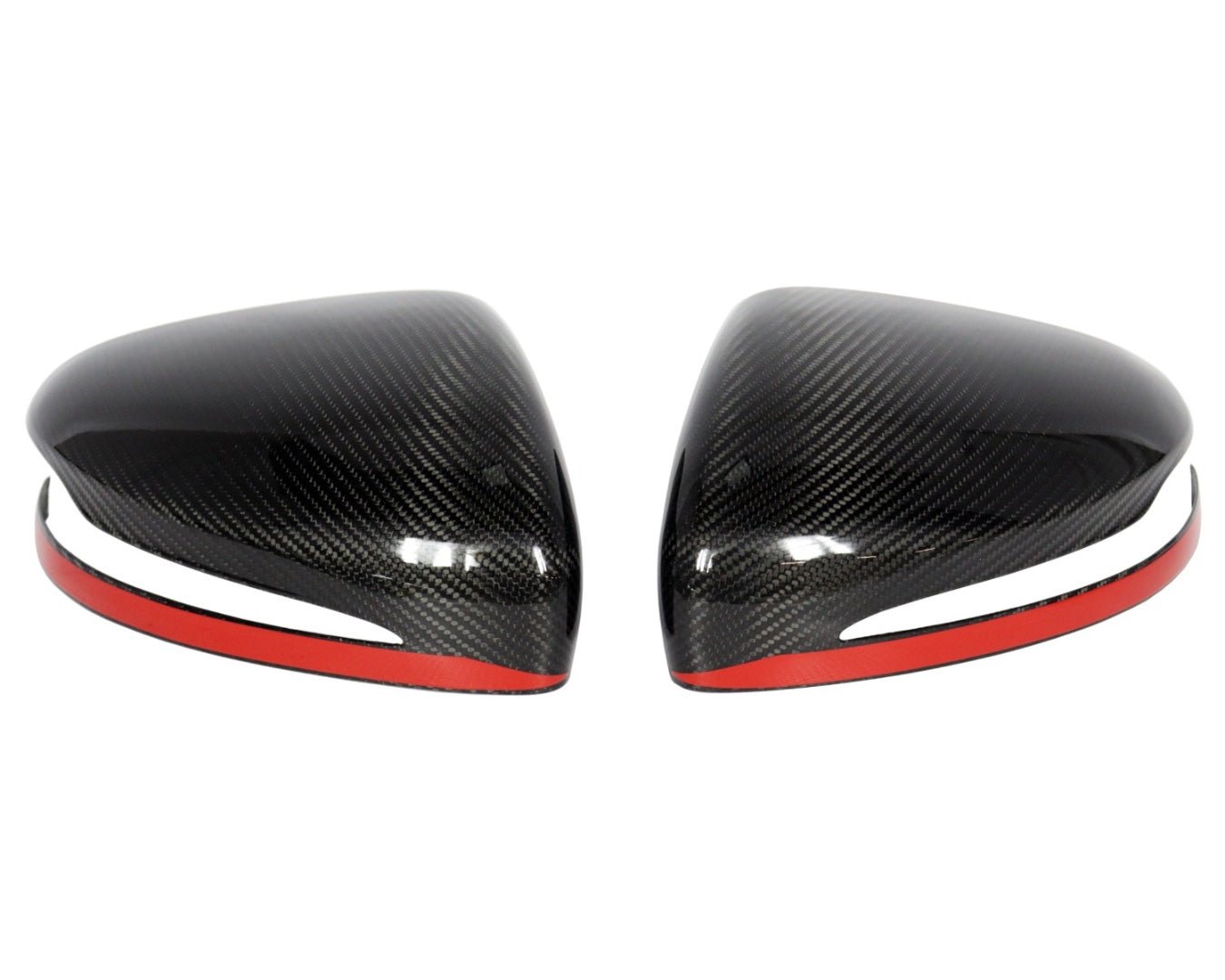 Carbon Mirror Covers with Red Stripe for Mercedes-Benz G-Class W463A, high-gloss or matte finish, installs over factory mirrors for a premium custom look.