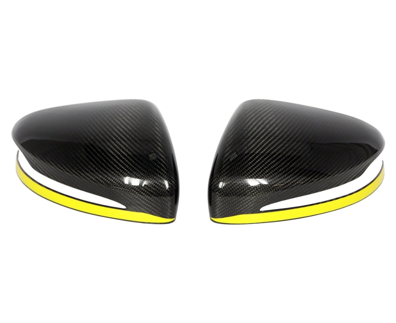 Carbon Mirror Covers with Yellow Stripe for Mercedes-Benz G-Class W463A, high-gloss or matte finish, installs over factory mirrors for a custom look.