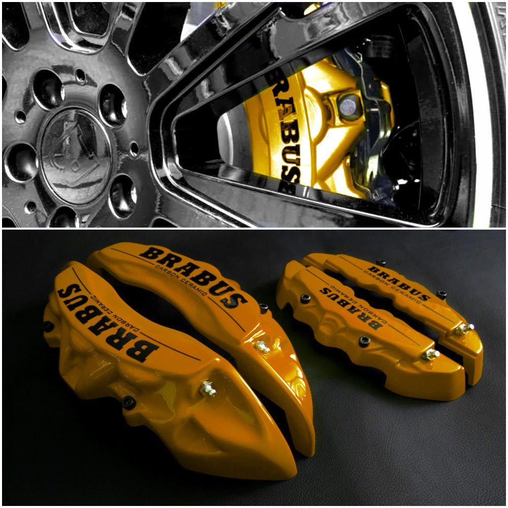 Gold disc Brabus caliper covers with Carbon Ceramic Sign, 4 pcs set for Mercedes-Benz G-Wagon W463 from Custom Class, designed for decorative brake styling.