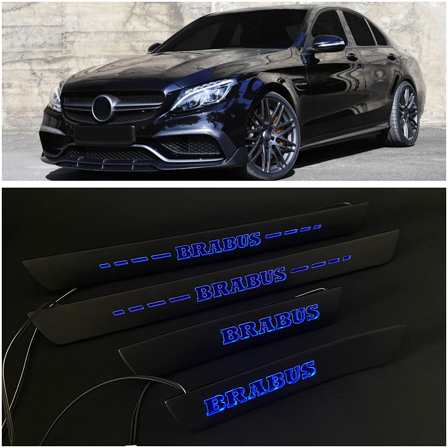 Mercedes-Benz Brabus W205 W204 W213 C E Class Door Sills mouldings LED Illuminated Interior Trim Set 4 pcs Stainless Steel Black Matte Blue Sign - Custom Class